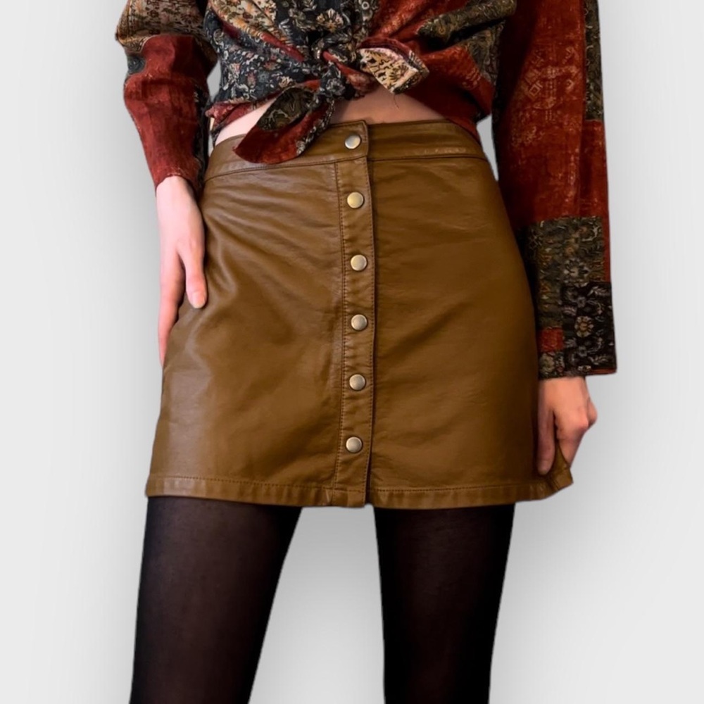 Brown Leather Front-Button Mini Skirt - Size M